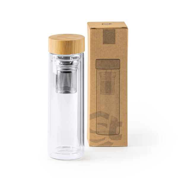 🚰 Termo de Cristal Borosilicato con Infusor y Tapa de Bambú – 420 ml ✨SAOKO