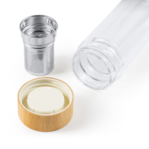 🚰 Termo de Cristal Borosilicato con Infusor y Tapa de Bambú – 420 ml ✨SAOKO