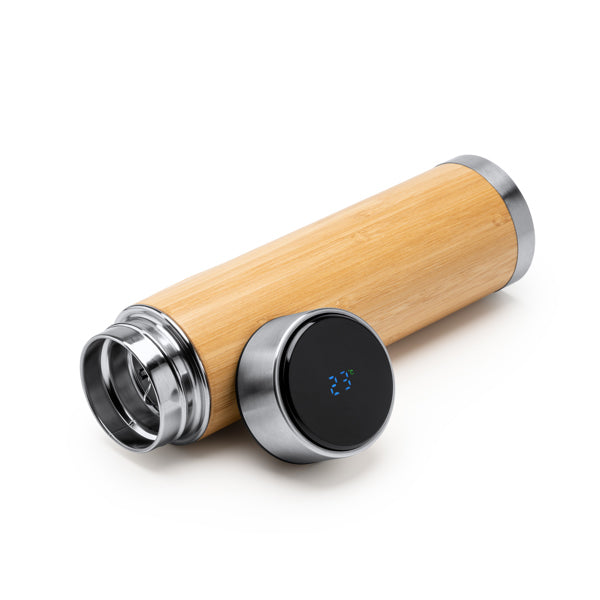 🌿 Termo de Acero Inoxidable y Bambú con Infusor – 480 ml: Termómetro digital táctil en la tapa
