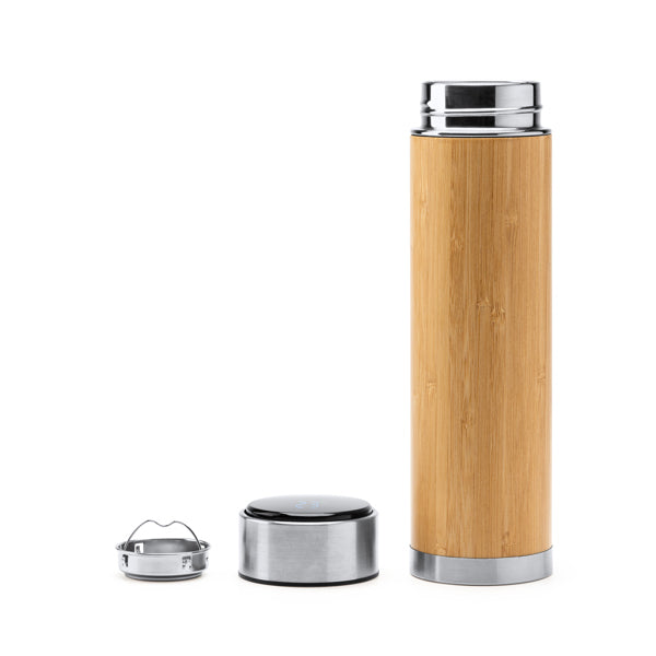 🌿 Termo de Acero Inoxidable y Bambú con Infusor – 480 ml: Termómetro digital táctil en la tapa