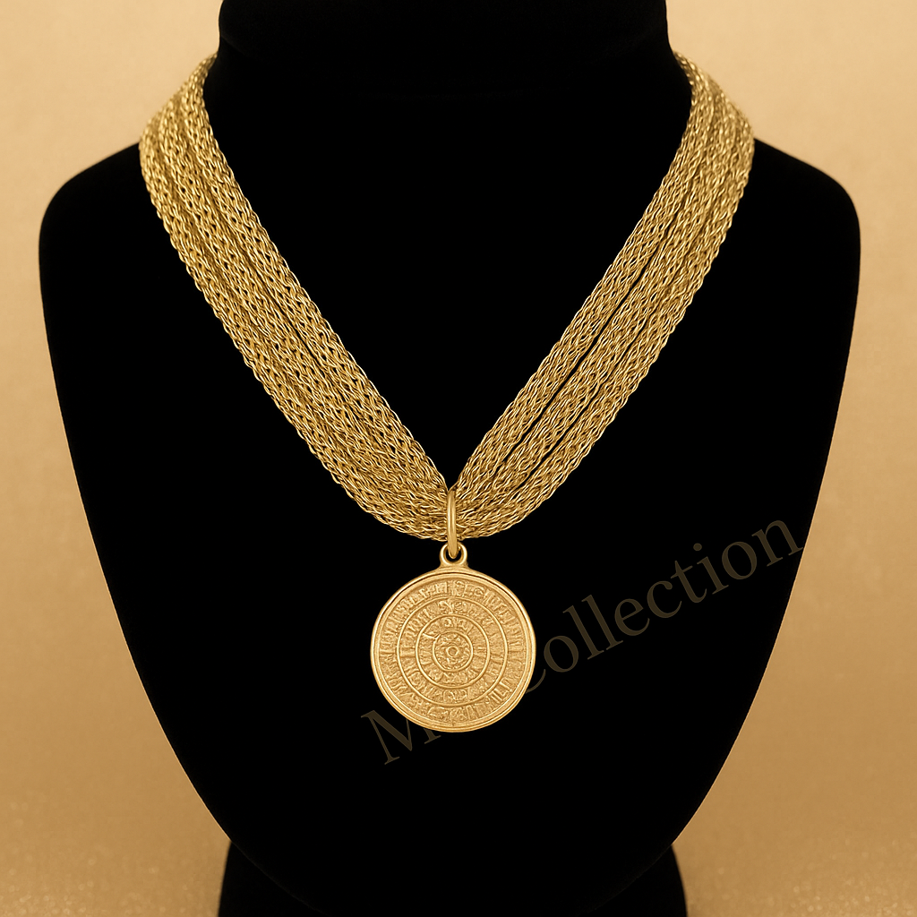 Collar con Medalla Redonda de Símbolos Antiguos y Cadena Multihilos Dorada