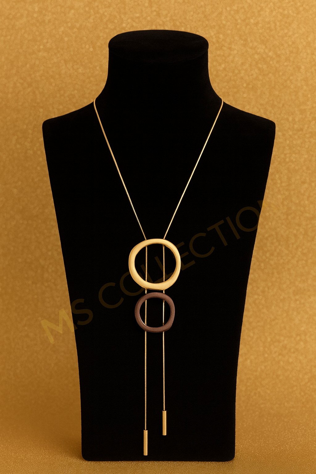 Collar Largo de Metal con Círculos Bicolores y Colgantes en Dos Tonos