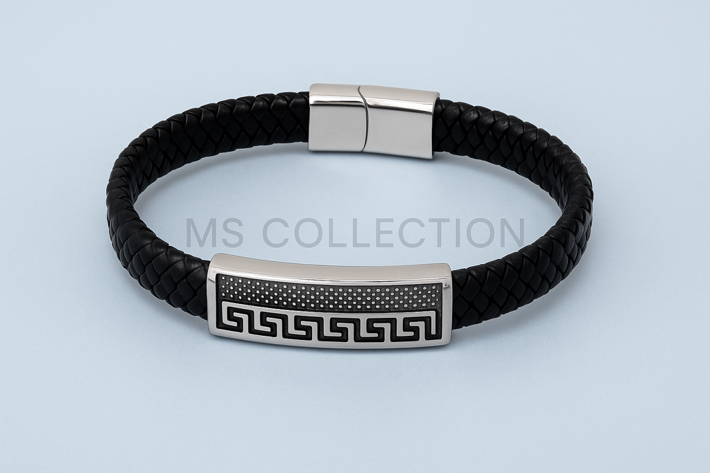 Pulsera de cuero trenzado gruesa con dije rectangular y circular | Hombre