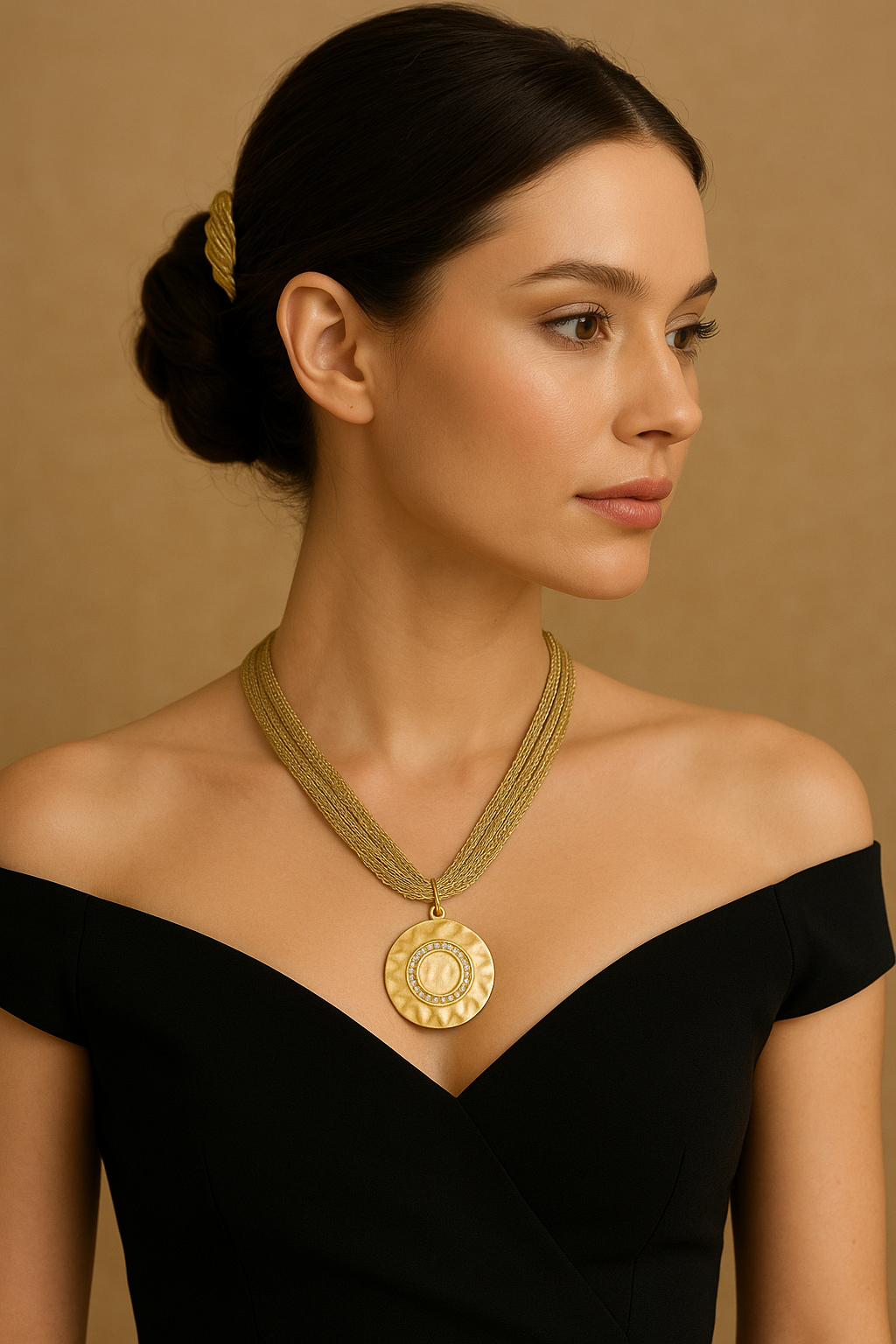 Collar con Medalla Martillada en Dorado y Cadena Multihilos