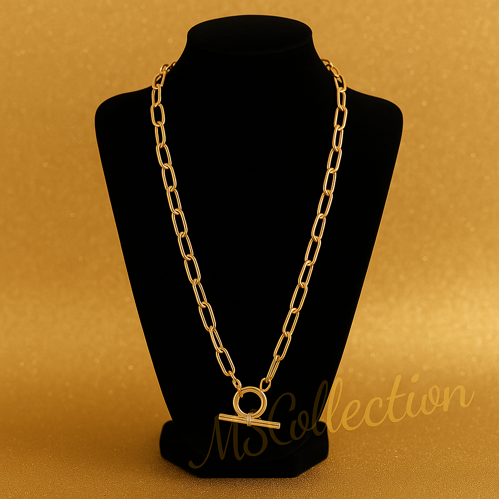 Collar Largo Cadena Dorada con Cierre de Círculo y Barra