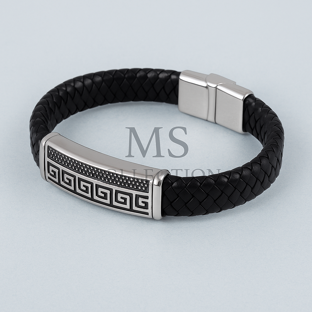 Pulsera de cuero trenzado gruesa con dije rectangular y circular | Hombre