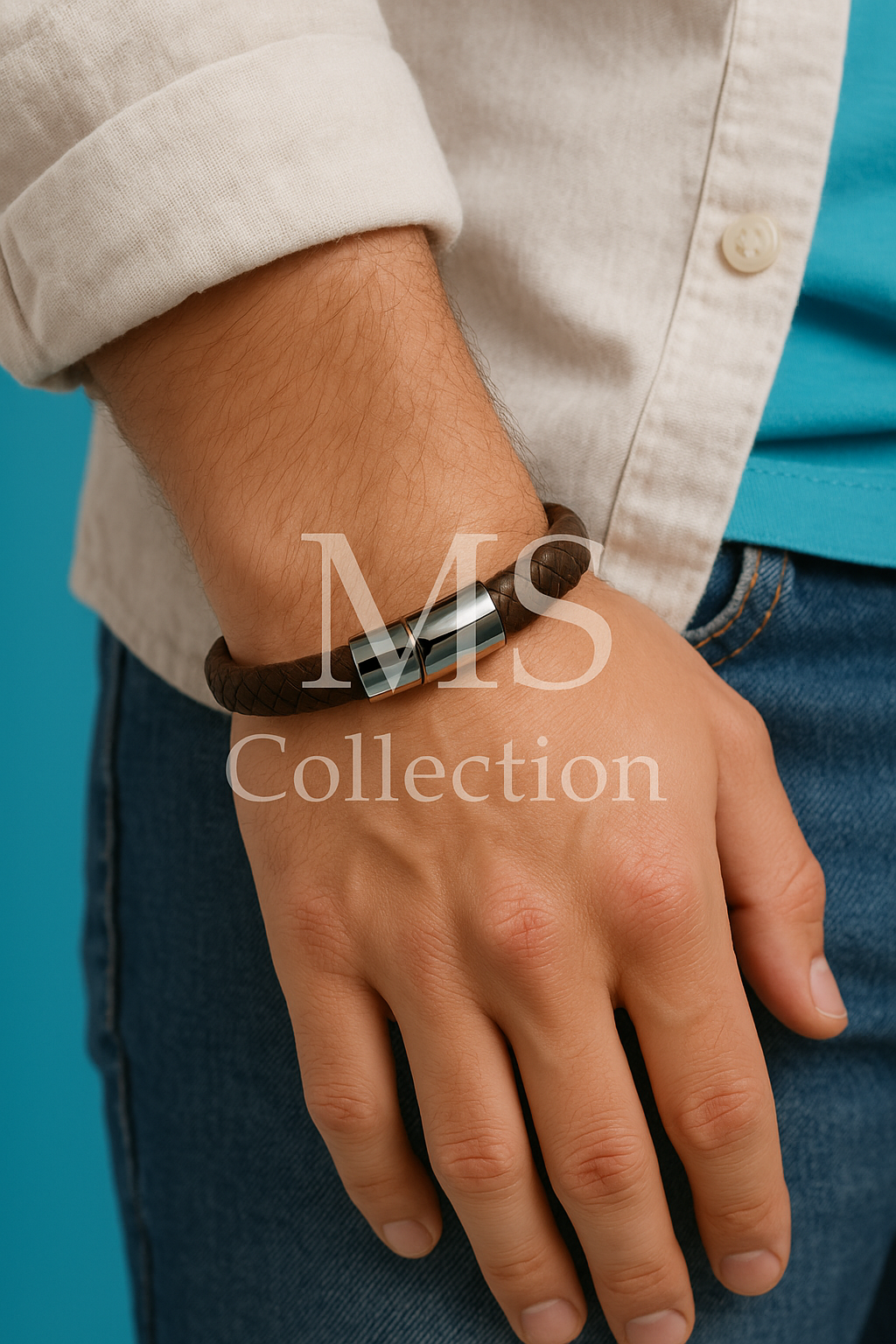 Pulsera de cuero trenzado azul oscuro