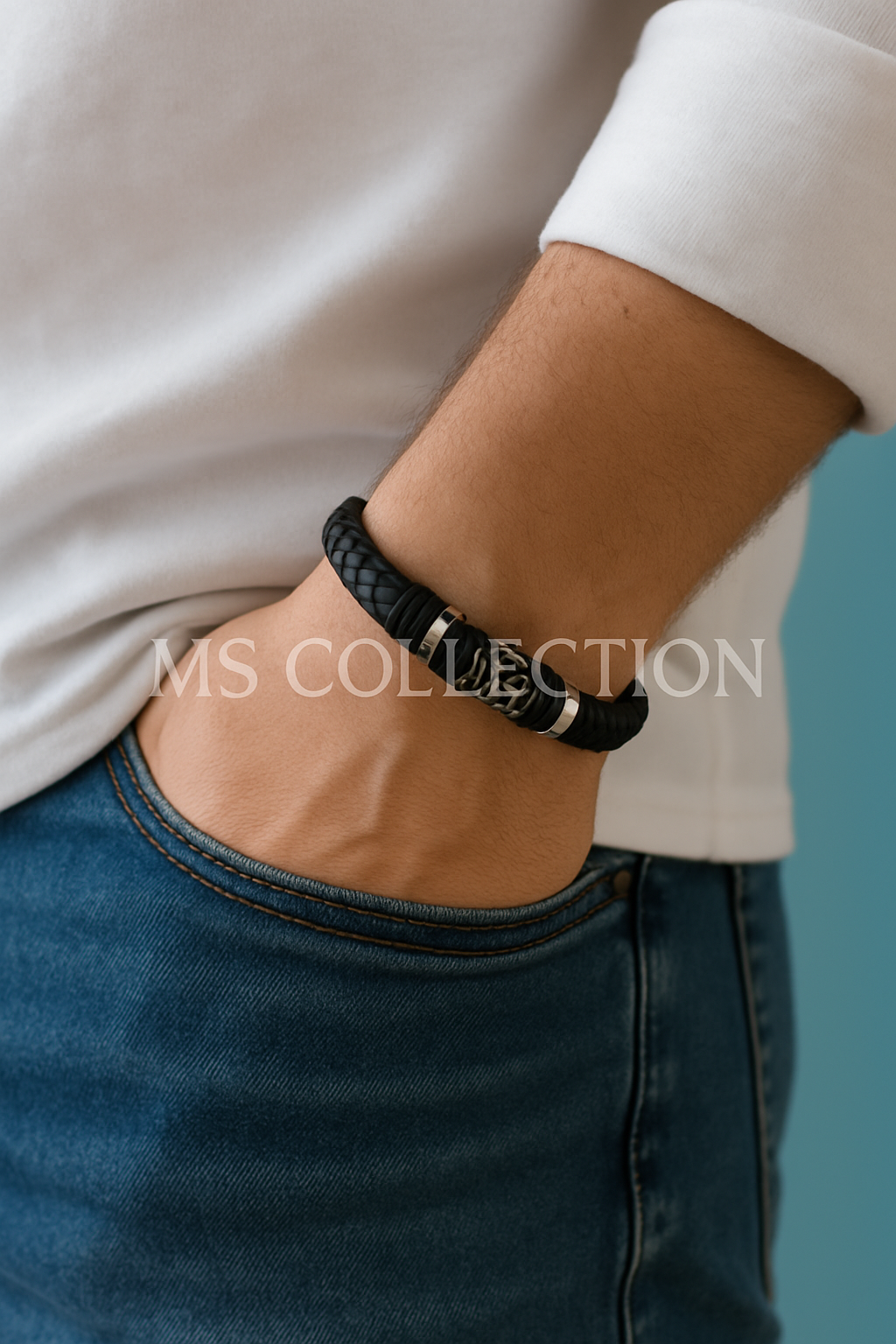 Pulsera de cuero trenzado gruesa con dije rectangular y circular | Hombre