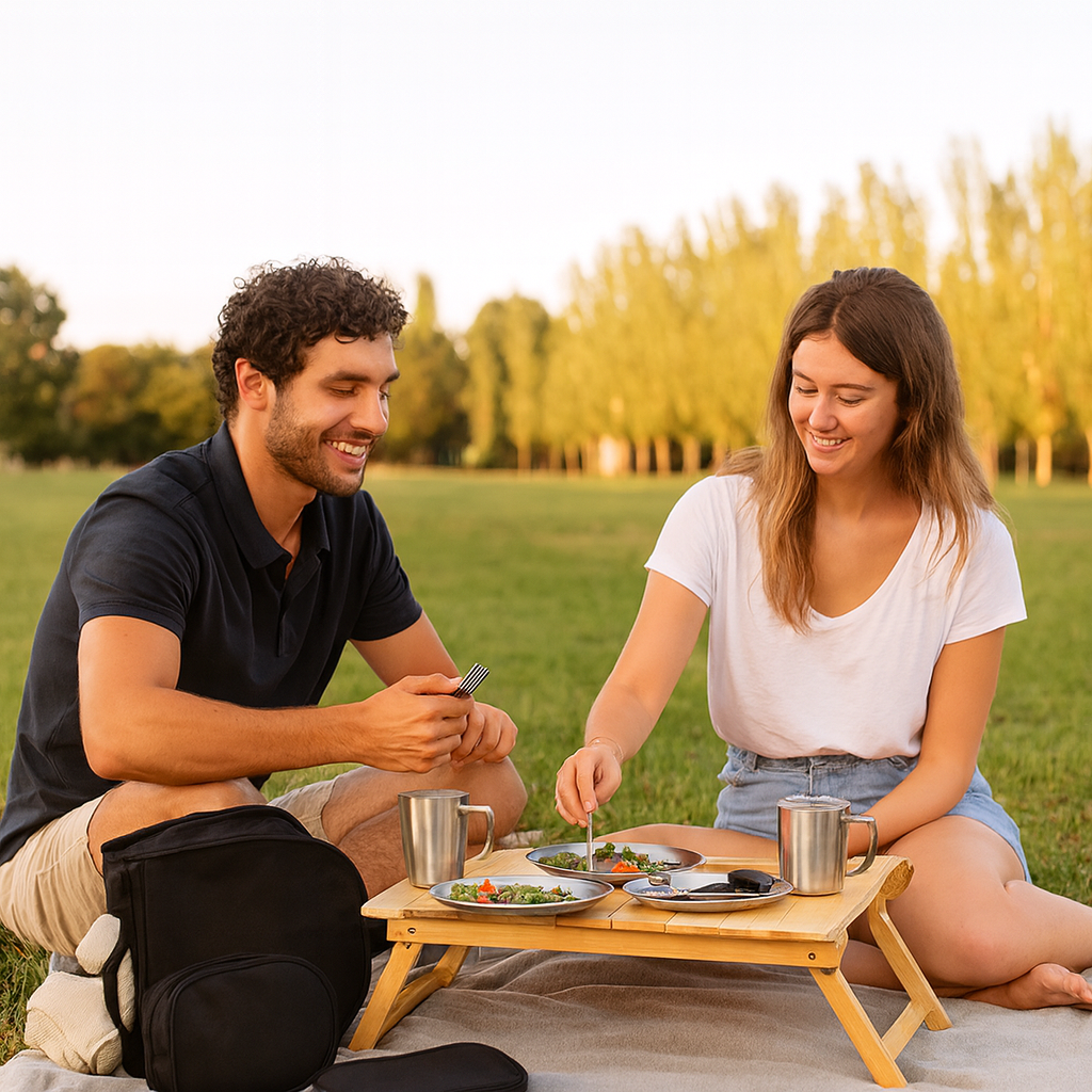 🍴 Set de Cubiertos y Platos en Acero Inoxidable con Funda RPET- TRIVOR