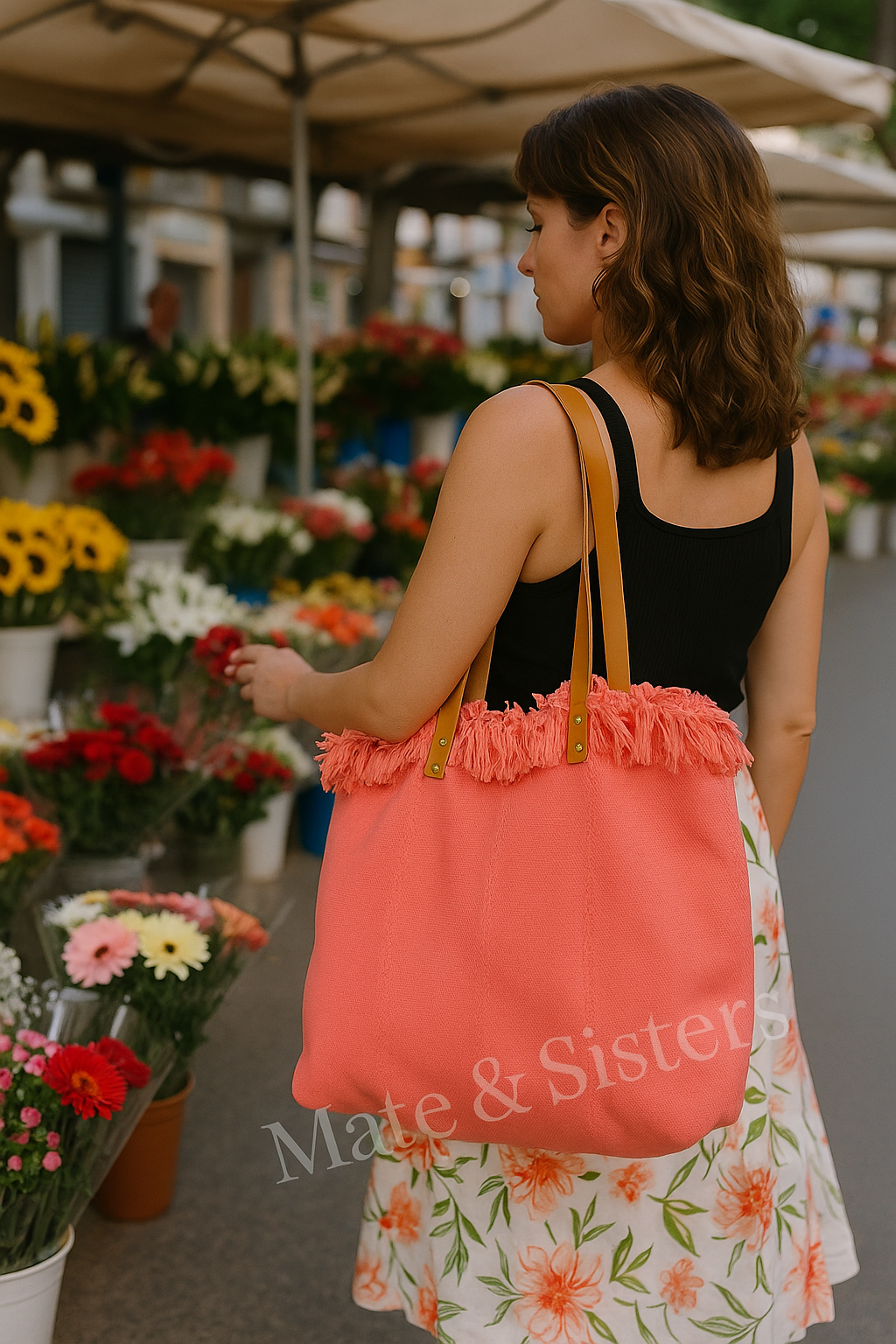 Bolso de Tela Veraniega 35×50 cm con Asas de Cuero *801713